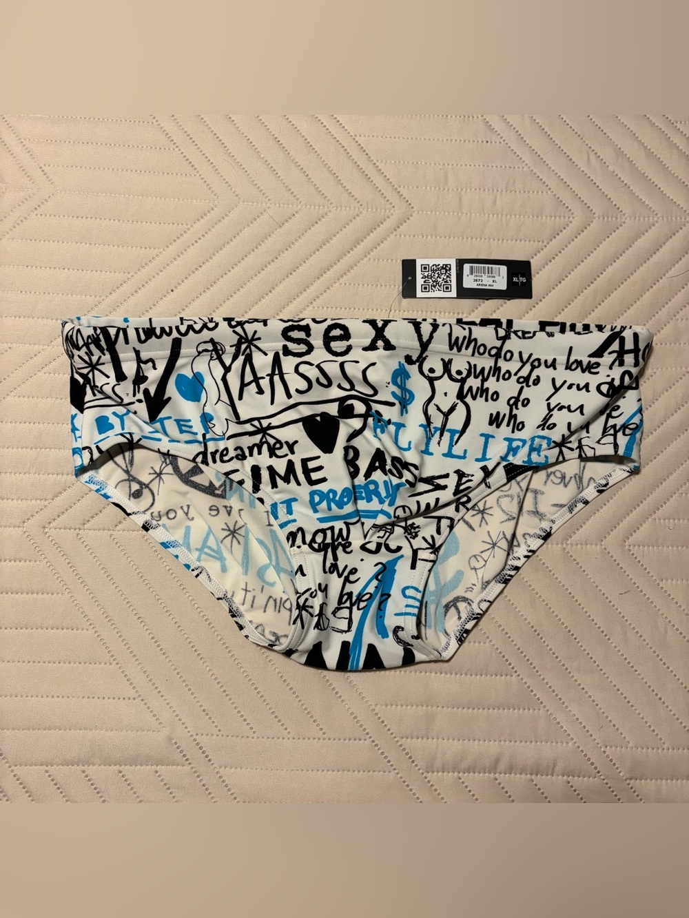 Men's Graffiti Print Swim Briefs - White with Blue & Black Accents